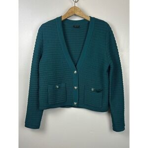 Talbots Kate Teal Green Textured Knit Cardigan Medium Button Up Preppy Old Money